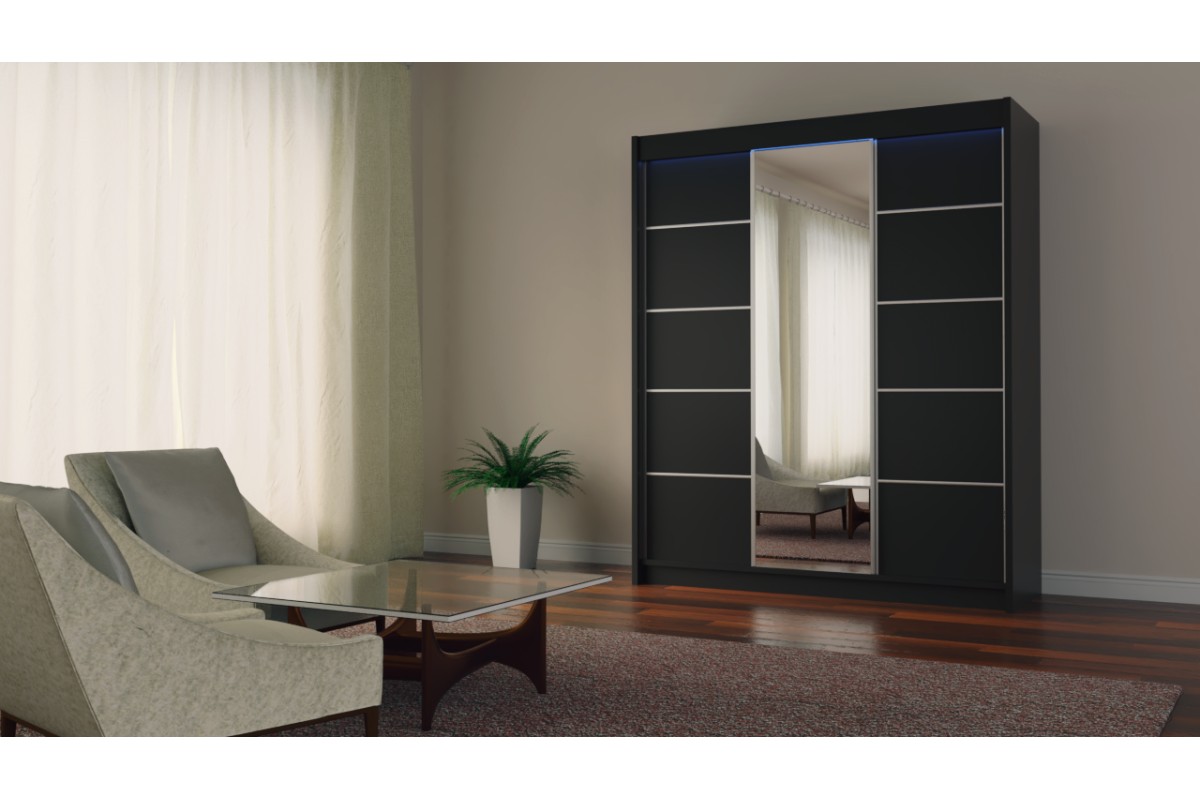 Czarna szafa przesuwna 180 z lustrem i led MARETA
