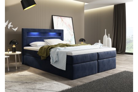 Granatowe łóżko kontynentalne LAZIO z pojemnikiem na pościel