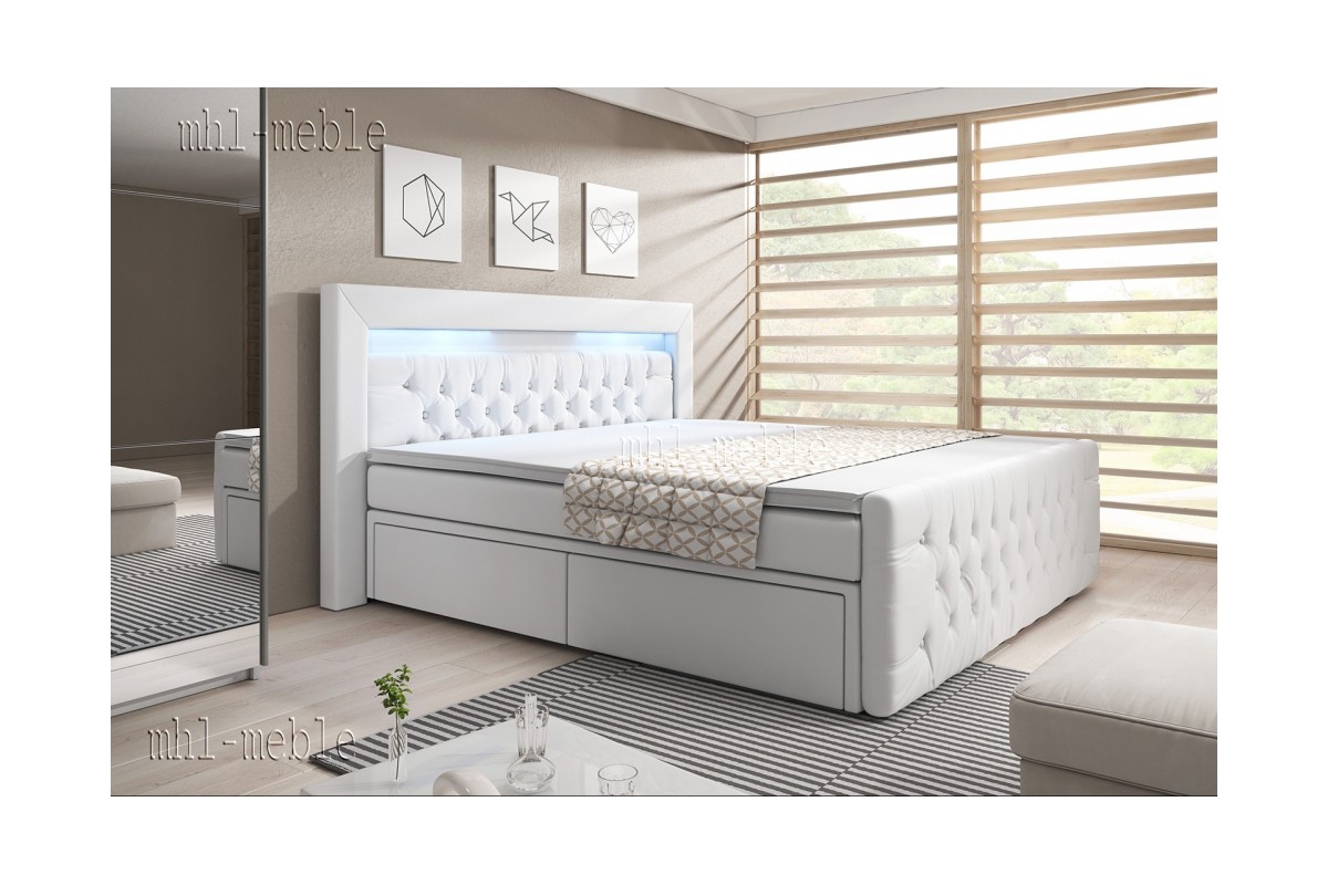 Białe łóżko kontynentalne 180x200 ARONA z szufladami i zanóżkiem