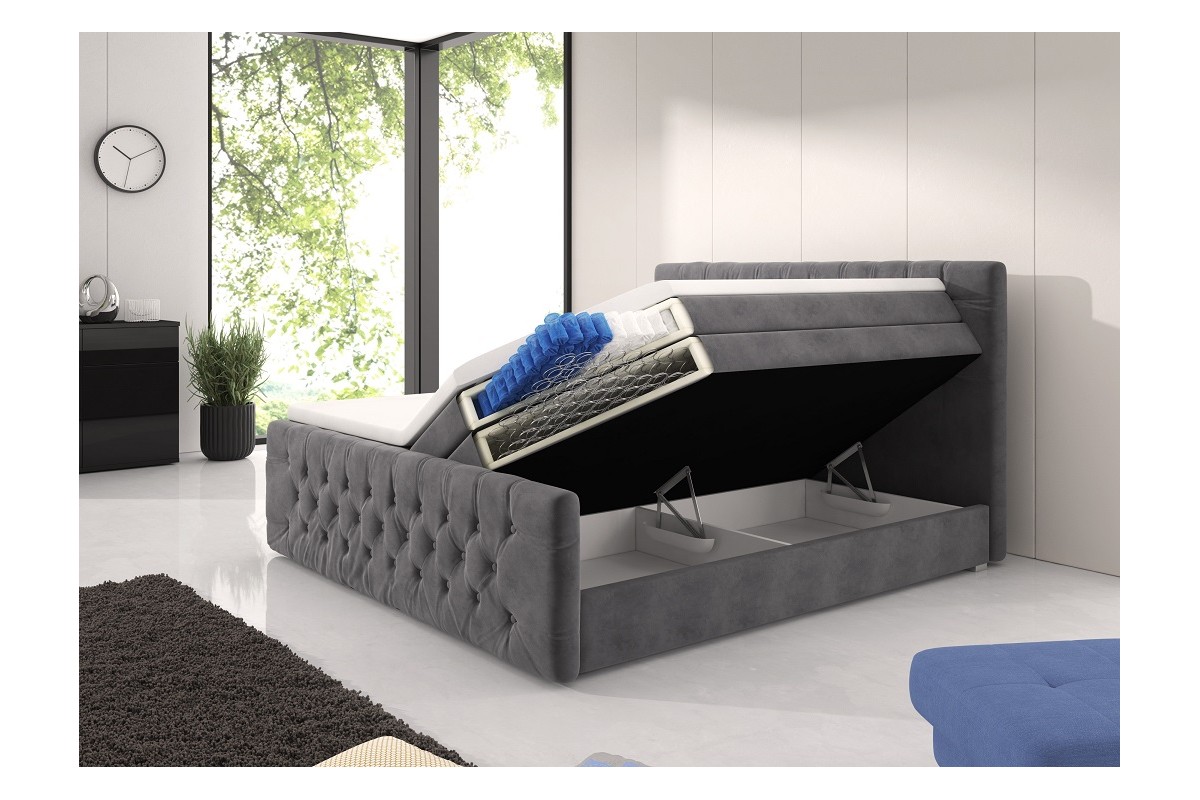 Szare łóżko kontynentalne 180x200 z pojemnikiem na pościel