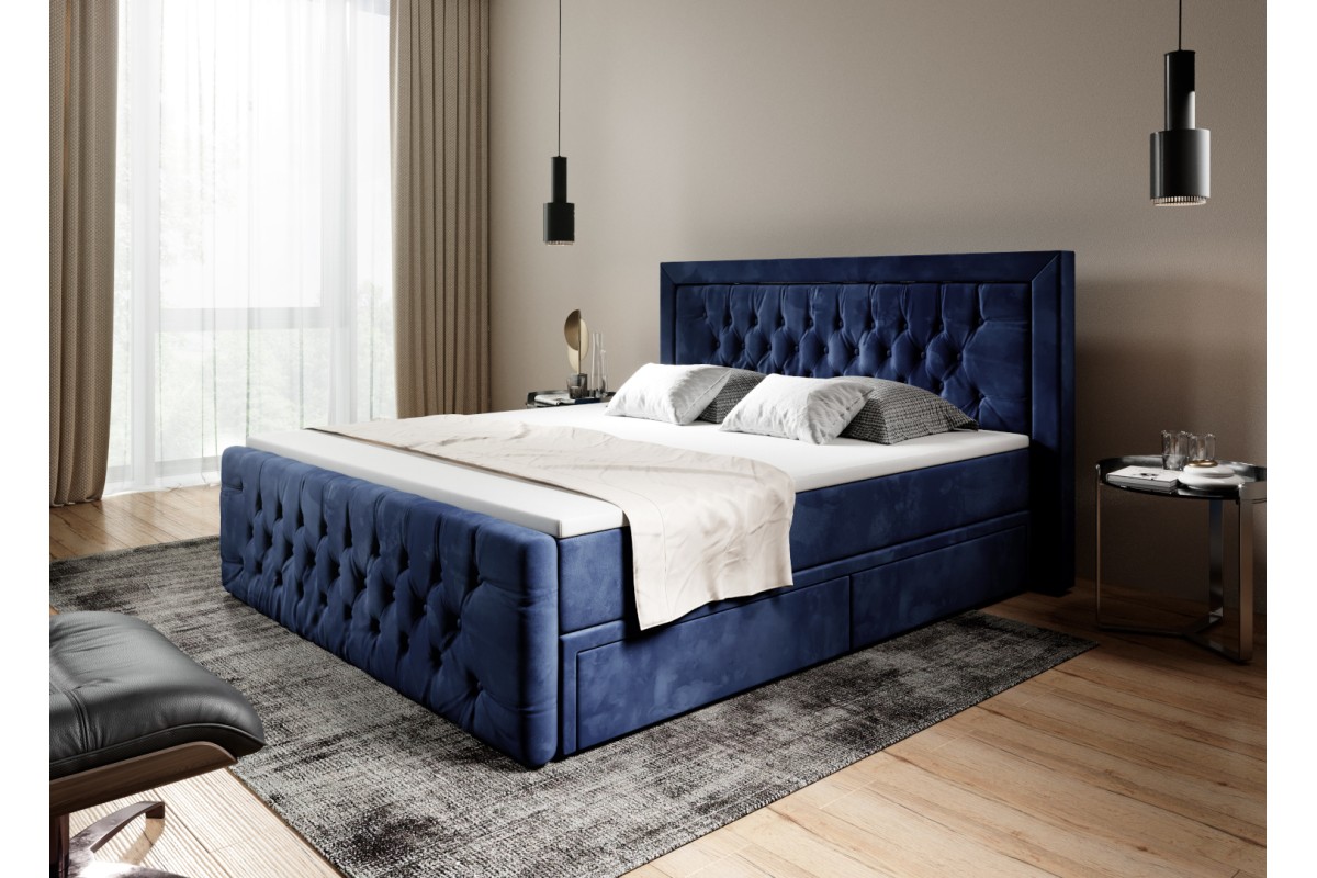 Granatowe pikowane 180 x 200 łóżko kontynentalne z szufladami
