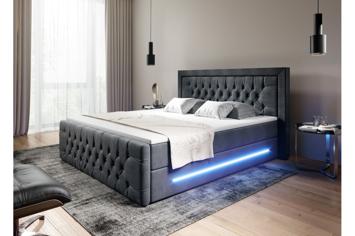 Duże łóżko kontynentalne 180x200 PRIMA z pojemnikiem i oświetleniem LED