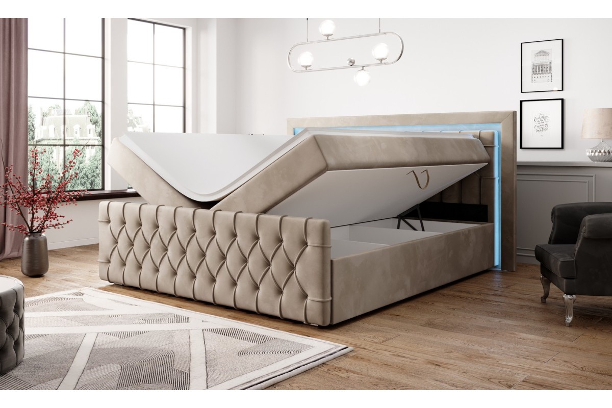 Łóżko kontynentalne 160x200 z pojemnikiem i oświetleniem led