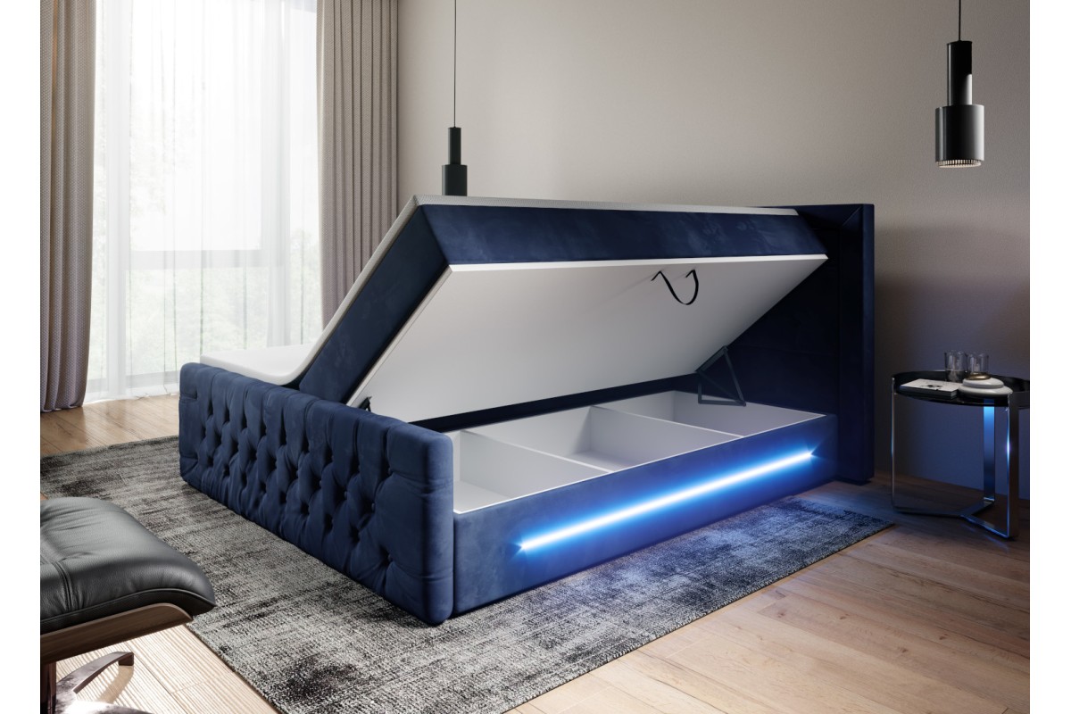 Granatowe łóżko kontynentalne 140x200 PRIMA z oświetleniem LED