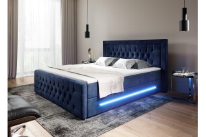 Granatowe łóżko kontynentalne 140x200 PRIMA z pojemnikiem i oświetleniem LED