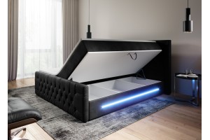 Czarne łóżko kontynentalne 140x200 PRIMA z oświetleniem LED