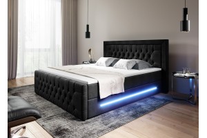 Czarne 140 x 200 łóżko kontynentalne PRIMA z pojemnikiem i oświetleniem LED