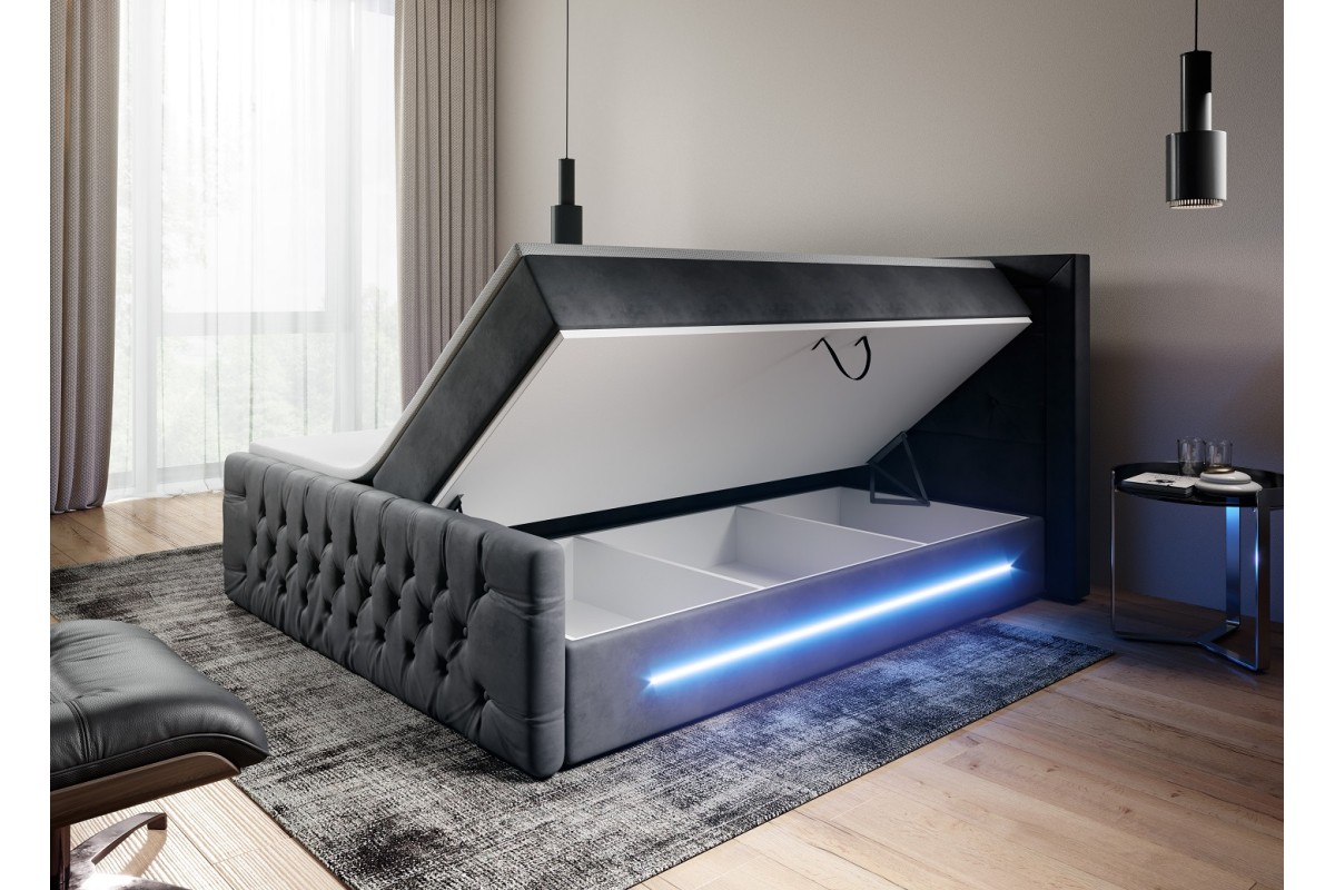 Szare łóżko kontynentalne 140x200 PRIMA z oświetleniem LED i pojemnikiem