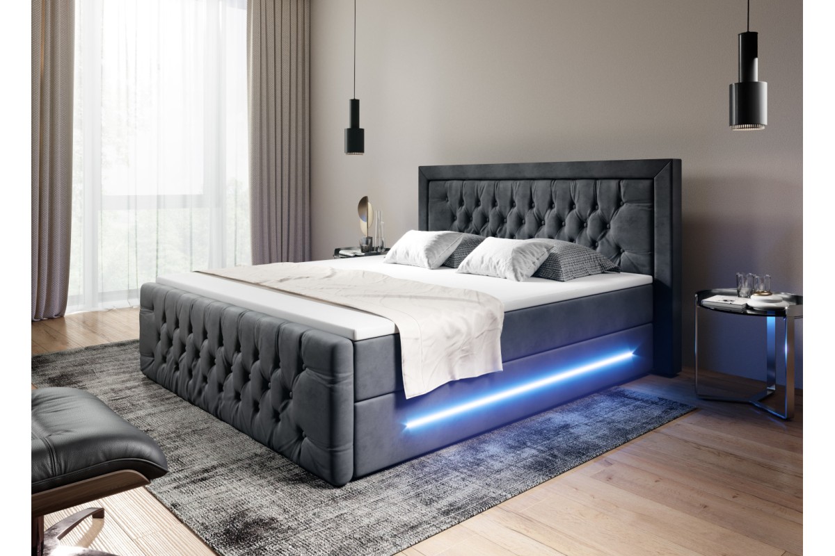Szare łóżko kontynentalne 140x200 PRIMA z pojemnikiem i oświetleniem LED