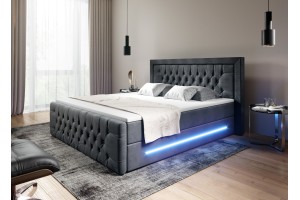 Szare łóżko kontynentalne 140x200 PRIMA z pojemnikiem i oświetleniem LED