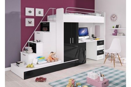 Meble młodzieżowe czarne PARADISE 5 z łóżkiem piętrowym i biurkiem