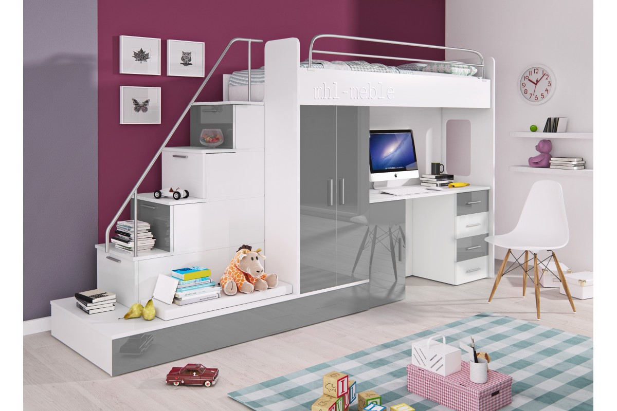 Meble młodzieżowe szare PARADISE 5 z łóżkiem piętrowym i biurkiem
