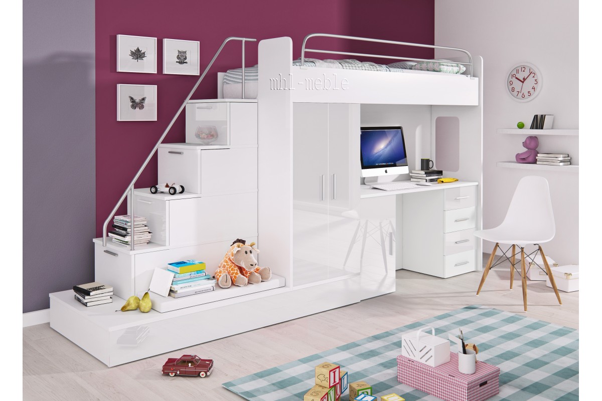 Meble młodzieżowe białe PARADISE 5 z łóżkiem piętrowym i biurkiem