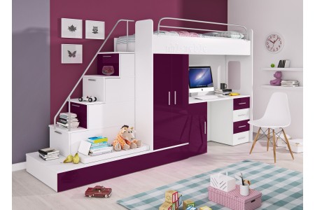 Meble młodzieżowe fiolet PARADISE 5 z łóżkiem piętrowym i biurkiem