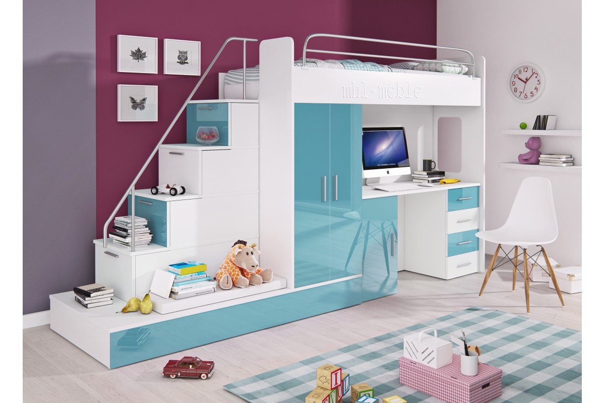 Meble młodzieżowe turkus PARADISE 5 z łóżkiem piętrowym i biurkiem