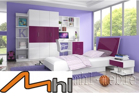 Fioletowy zestaw mebli młodzieżowych z łóżkiem