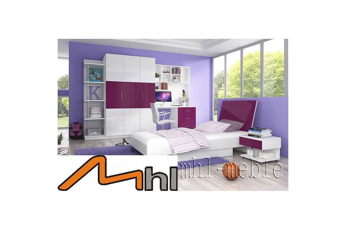 Fioletowy zestaw mebli młodzieżowych z łóżkiem