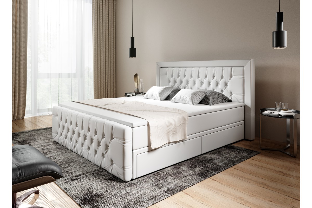 Białe pikowane łóżko kontynentalne z szufladami