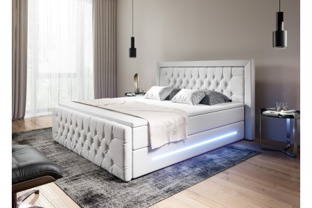 Białe łóżko kontynentalne PRIMA z pojemnikiem i oświetleniem LED