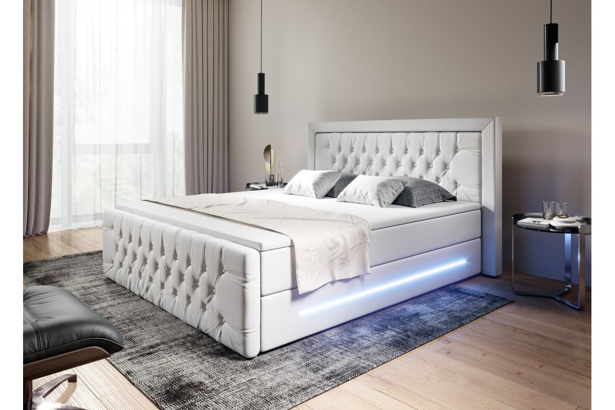 Białe 140x200 łóżko kontynentalne PRIMA z pojemnikiem i oświetleniem LED