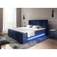 Granatowe łóżko kontynentalne PRIMA z pojemnikiem i oświetleniem LED