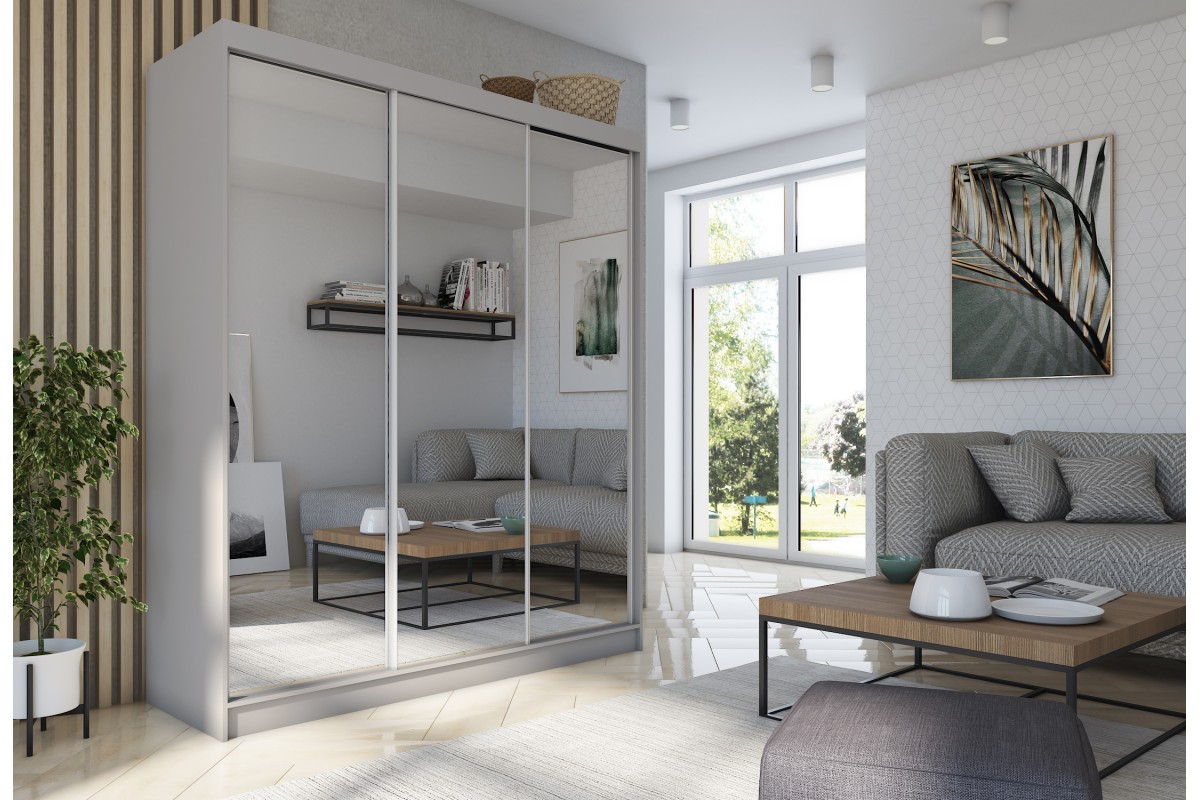 Trzydrzwiowa szara szafa przesuwna z lustrem 180 BALDER