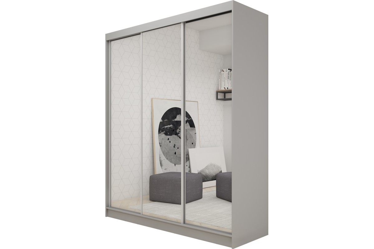 Trzydrzwiowa szara szafa przesuwna z lustrem 